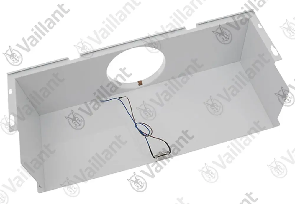Weiße Abdeckung für Vaillant-Gerät mit Durchlass, Kabel und Anschluss. Innenraum für Schutz und Sicherheit der Komponenten.